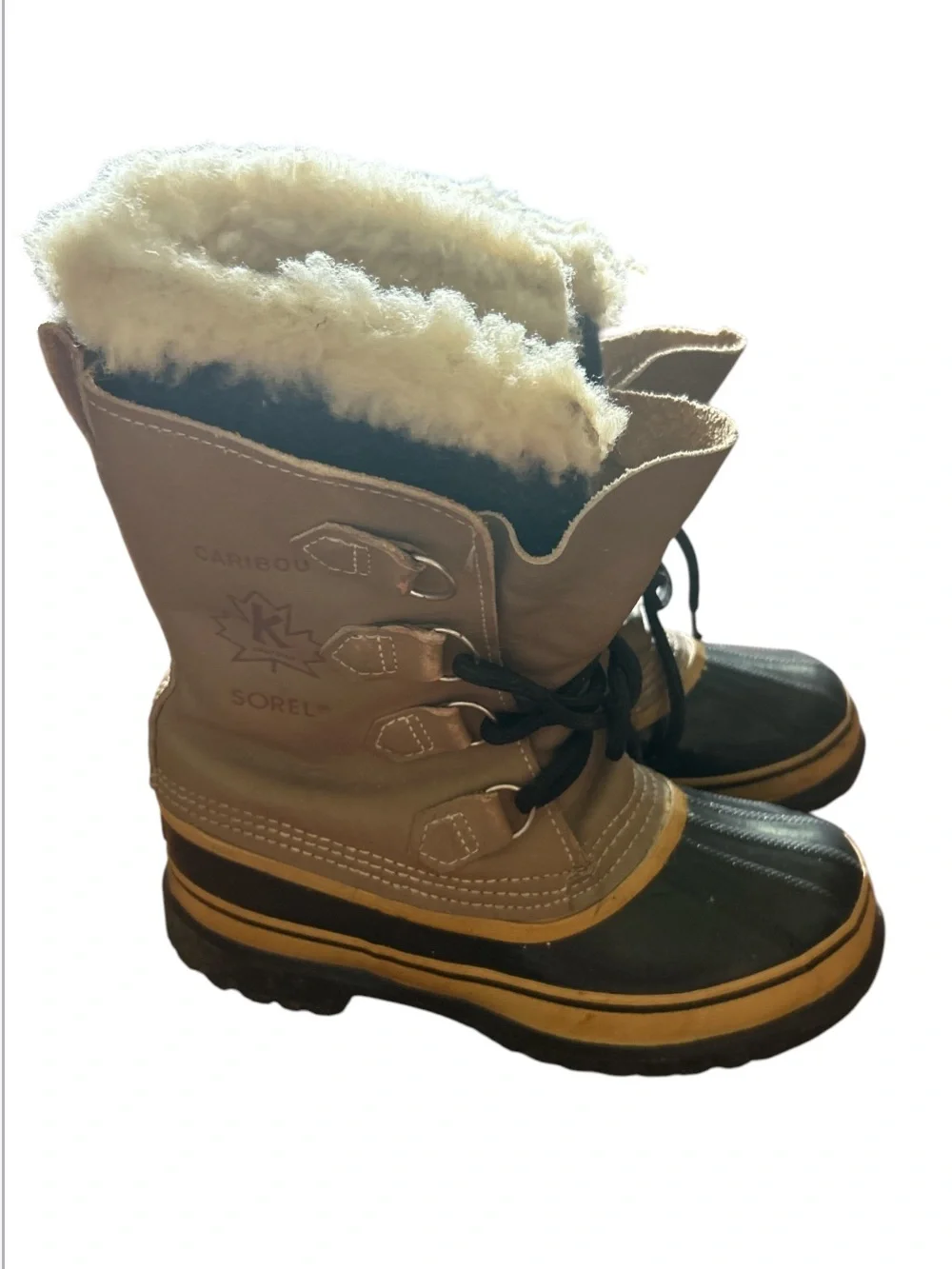 Vintage Sorel Caribou Insulated Winter Boots - Tan & Black with Cream Fur size:6